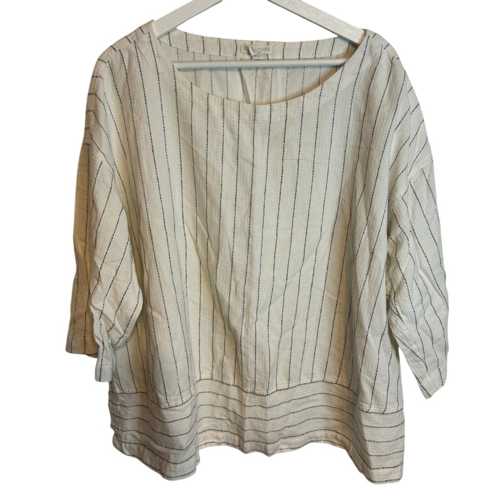 Eileen Fisher Top Pinstripe Boxy Tunic XL Cream‎ Women Sustainable Minimalist